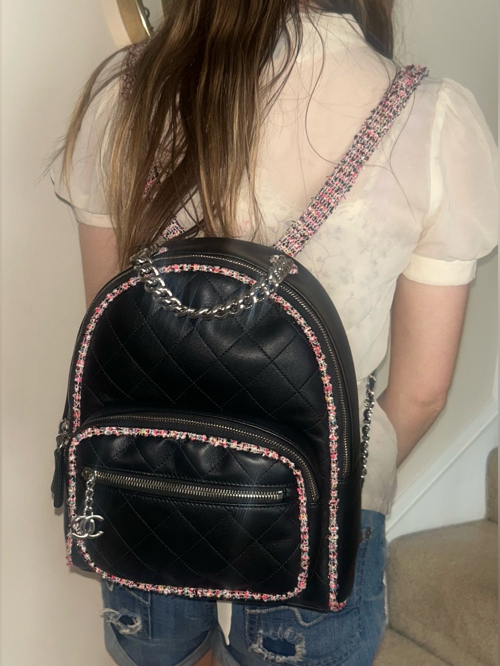 CHANEL Elegant Trim Quilted Leather Tweed Small Backpack Black